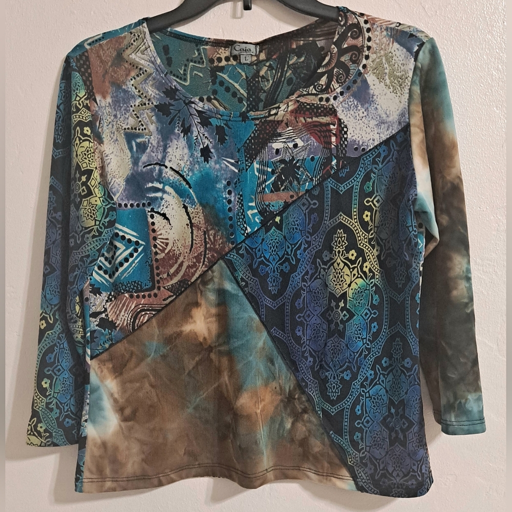 Caia Multicolor Geometric Blouse 3/4 Sleeve Blue & Browns